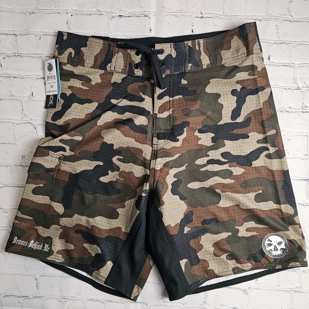 NEW Burnside‎ Board Shorts Mens Size 32 Green Camoflage Performance Swim